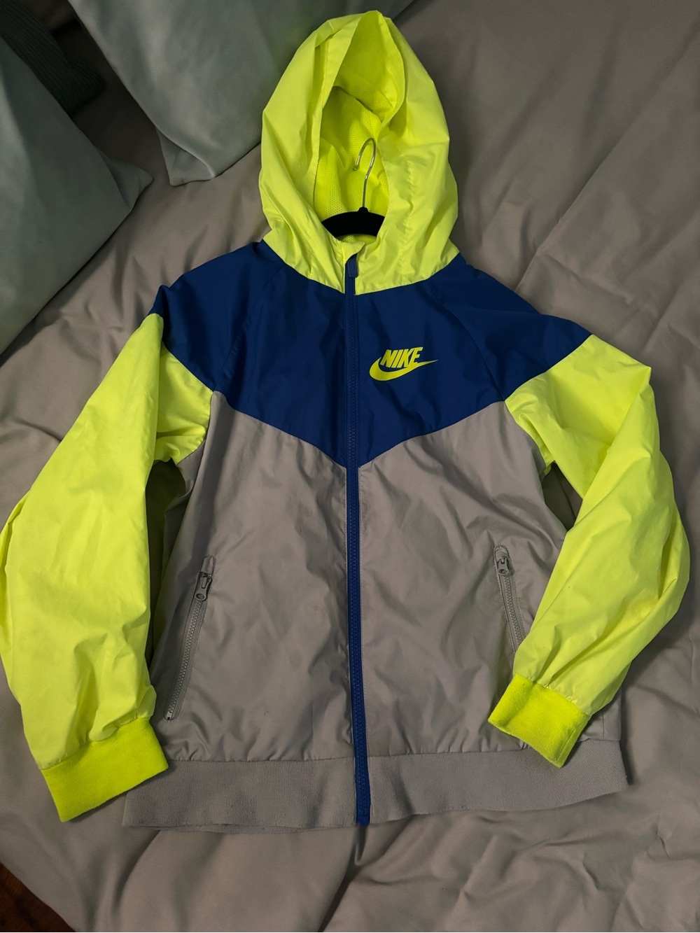 Nike Neon Yellow, Blue & Gray Hooded Kids' Rain Jacket